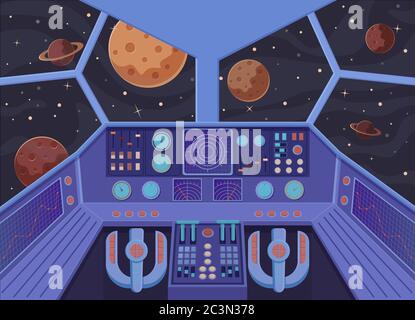 Interior spacecraft. Futuristic look from cockpit of star destroyer open space planets. Stock Vector