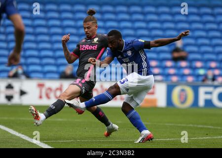 Cardiff, UK. 21st June, 2020. Junior Hoilett of Cardiff city shoots and scores his teams 1st goal. EFL Skybet championship match, Cardiff City v Leeds Utd at the Cardiff City Stadium on Sunday 21st June 2020. this image may only be used for Editorial purposes. Editorial use only, license required for commercial use. No use in betting, games or a single club/league/player publications. pic by Andrew Orchard/Andrew Orchard sports photography/Alamy Live news Credit: Andrew Orchard sports photography/Alamy Live News Stock Photo
