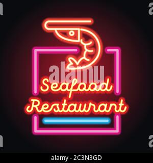 seafood restaurant neon sign plank. vector illustration Stock Vector