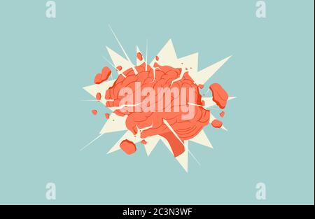 Exploding flying apart parts brain illustration. Concept information overload lack of calm thinking creative ideological. Stock Vector