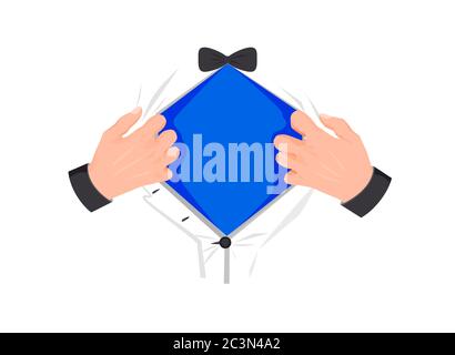 Superhero chest template. Mens hands open superhero blue tshirt symbol powerful. Stock Vector