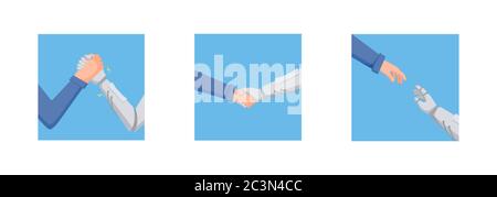 Man is fighting robot concept. Hand character and robot are engaged in arm wrestling conclude truce help each other. Stock Vector