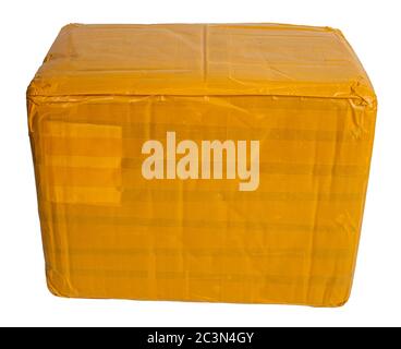 cardboard parcel box whole wrapped with yellow sticky tape isolated on white background Stock Photo