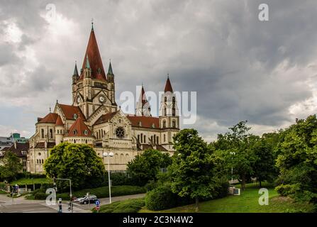 St. Francis of Assisi Church, also known as the Emperor's Jubilee Church and the Mexico Church, is a Basilica-style Catholic church in Vienna. Stock Photo