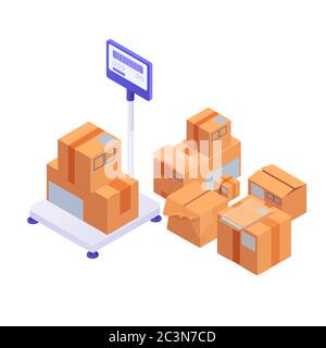 Boxes on scales loading isometric. Large and small yellow boxes cargo are weighed distributed in freight vehicles. Stock Vector