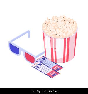 Cinema supplies isometric set. Modern cinema entertainment 3D glasses effect presence yellow salty popcorn two tickets. Stock Vector