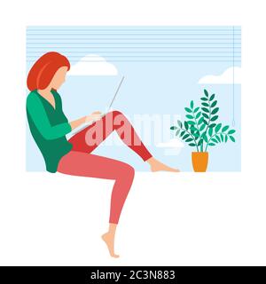 Young woman is working outsourced. Stock Vector