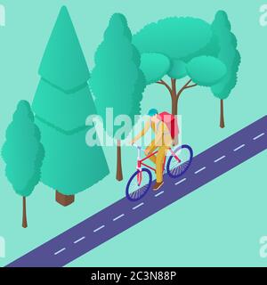Delivery courier on bicycle. Character in yellow uniform red sports bike with backpack riding highway. Stock Vector