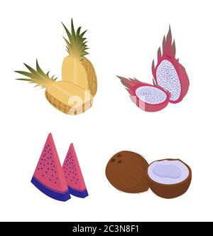 Exotic fruits isometric set. Ripe organic yellow pineapple red ripe juicy dragon pitaya fruit slices with watermelon. Stock Vector