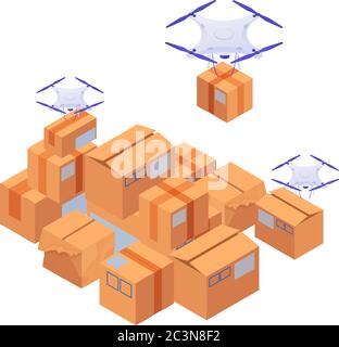 Delivery drones carry and stack boxes isometric illustration. White modern quadrocopters ship sort yellow boxe. Stock Vector