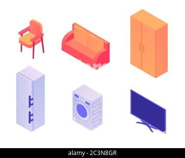 Home appliances and furniture isometric set. Stylish red sofa chair for comfortable work closet things modern. Stock Vector