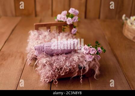 Newborn Digital Background Spring rose Basket Prop for Newborn. For boys and girls. Wood back. shoot set up with prop bed and wood backdrop Stock Photo