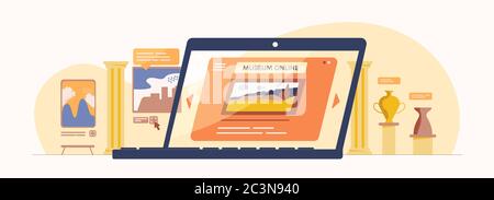 Online museum illustration. Web application digital antique exhibition viewing cultural historical exposition. Stock Vector