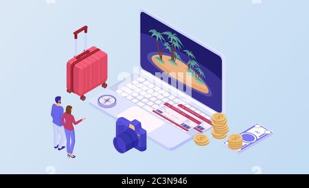 Vacation planning isometric concept. Married couple chooses resort laptop prepared red suitcase. Stock Vector
