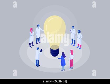 Scientific breakthrough in biochemical laboratory isometric concept. Group scientists are developing new idea. Stock Vector