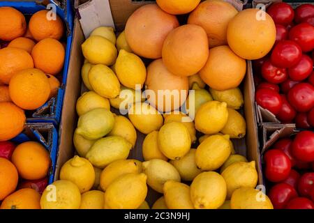 Oranges and lemons close up in boxes on a shop window in an open city market. Stock Photo