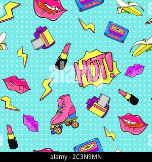 Style 90s pop pattern. Seamless retro color music cassette lightning bright lipstick red reel film. Stock Vector