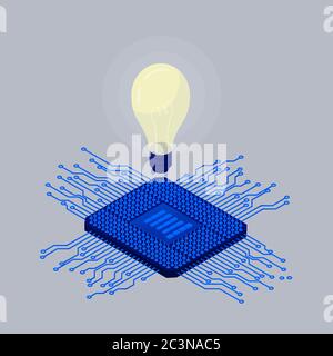 Idea of amplifying computer processor. Modern blue digital chip with burning light above it. Stock Vector