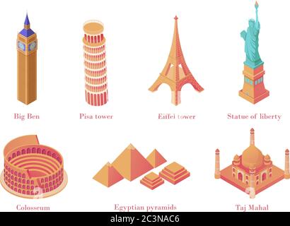 Architectural tourist attractions isometric. Old historical monuments Big Ben London leaning tower in Pisa. Stock Vector