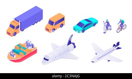 Logistic transport isometric set. Modern cargo tanker with containers, high speed white plane heavy truck refrigerator. Stock Vector