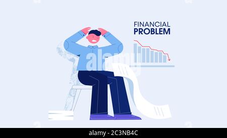 Financial problems debts concept. Businessman in despair holding hands behind head next to chart falling stocks. Stock Vector