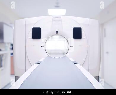 Front view of multi detector CT Scanner ( Computed Tomography ) isolated on hospital background. Clipping path. Stock Photo
