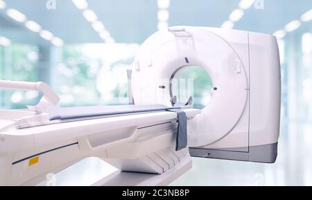 Multi detector CT Scanner ( Computed Tomography )on blurred hospital room  background. Stock Photo