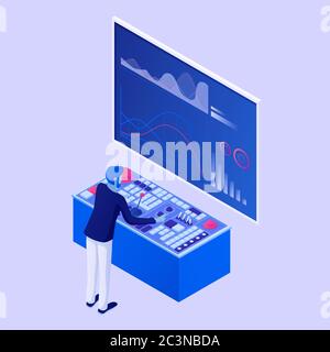 Character conducts web analytics isometric concept. Man with control panel testing analytical strategy development. Stock Vector