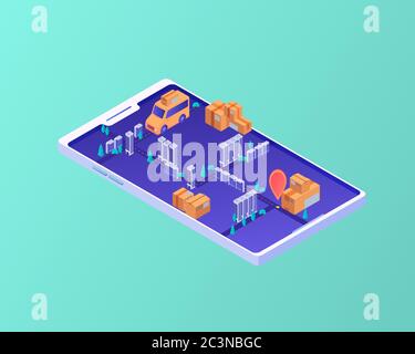 Delivery route in smartphone isometric concept. Mobile navigation logistics order routes using smart application. Stock Vector