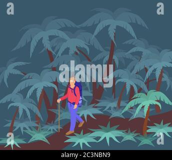 Traveler in night jungle. Man character walking along overgrown jungle trail looking for place flat overnight. Stock Vector