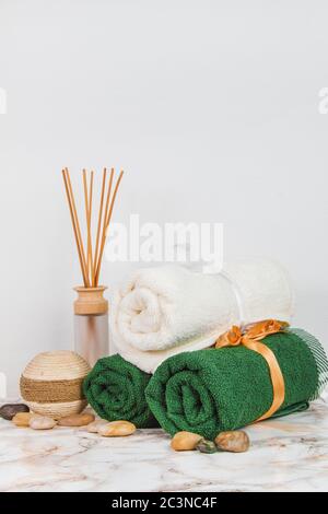 Spa objects and elements on a marble table and white background Stock Photo