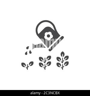 Watering can with plant, growth stages concept. Business development or gardening black vector icon. Stock Vector