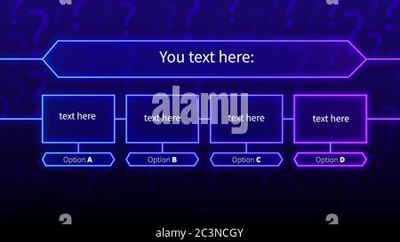 Neon quiz template. Stylish game contest with choice of right answer in neon glowing banner frame. Stock Vector