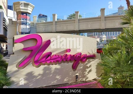 LAS VEGAS, NV -6 JUN 2020- The Flamingo Hotel located on the Las Vegas Strip was opened in 1946 by famous mobster Bugsy Siegel. Stock Photo