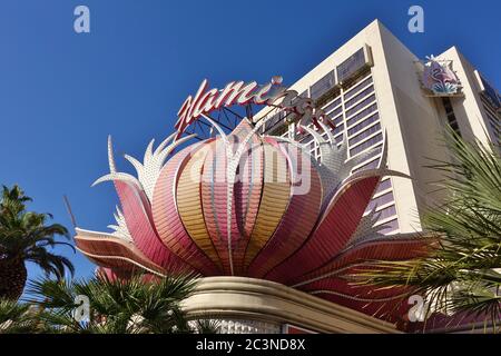 LAS VEGAS, NV -6 JUN 2020- The Flamingo Hotel located on the Las Vegas Strip was opened in 1946 by famous mobster Bugsy Siegel. Stock Photo