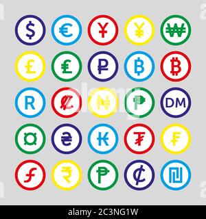 Vector set of glossy colorful currency symbols Stock Vector