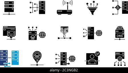 Proxy server black glyph icons set on white space Stock Vector