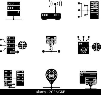 Virtual proxy servers black glyph icons set on white space Stock Vector
