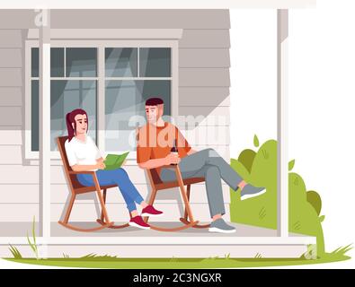 Couple sit in armchairs on patio semi flat RGB color vector illustration Stock Vector