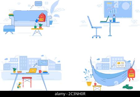 Empty workplaces semi flat RGB color vector illustration Stock Vector