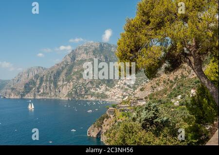 View of Positano and the Mediterranean sea.  Positano and the scenic Amalfi coast is a major tourist destination in Italy. Stock Photo