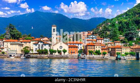 idyllic scenery of beautiful lake Lago di Como, Torno village. Lombradia, Italy Stock Photo
