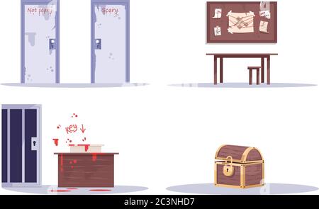 Escape room attributes semi flat RGB color vector illustrations set Stock Vector