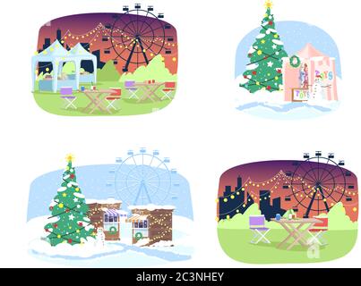 Street fair semi flat vector illustrations set Stock Vector
