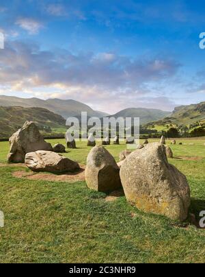 View of neolthic Castlerigg Stone Circle monaliths and the Lake District, England,  built circa 2500 BC.  Castlerigg Stone Circle was built around 450 Stock Photo