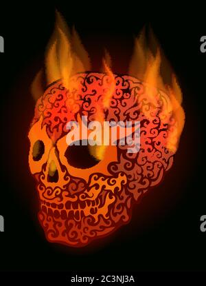 Vector illustration with red shining human skull in fire with pattern on dark background Stock Vector