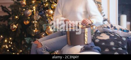 Woman hands holding New Year's gift, selective soft focus, Christmas tree and on background, indoor. Stock Photo
