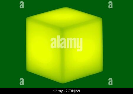 Illustration of a bright yellow cube on a dark green background Stock Photo