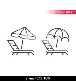 Deck chair, lounge or sun bed with beach umbrella thin line icon. Outline, editable stroke vector. Stock Vector