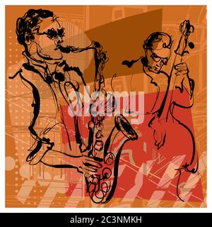 Saxophone and double-bass players - vector illustration (Ideal for printing on fabric or paper, poster or wallpaper, house decoration) Stock Vector